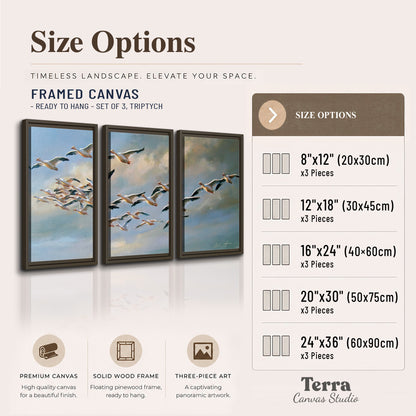 A flock of pale seabirds gliding beneath soft clouds across a blue sky 3 piece framed canvas wall art available dimensions; triptych dimensions are per panel