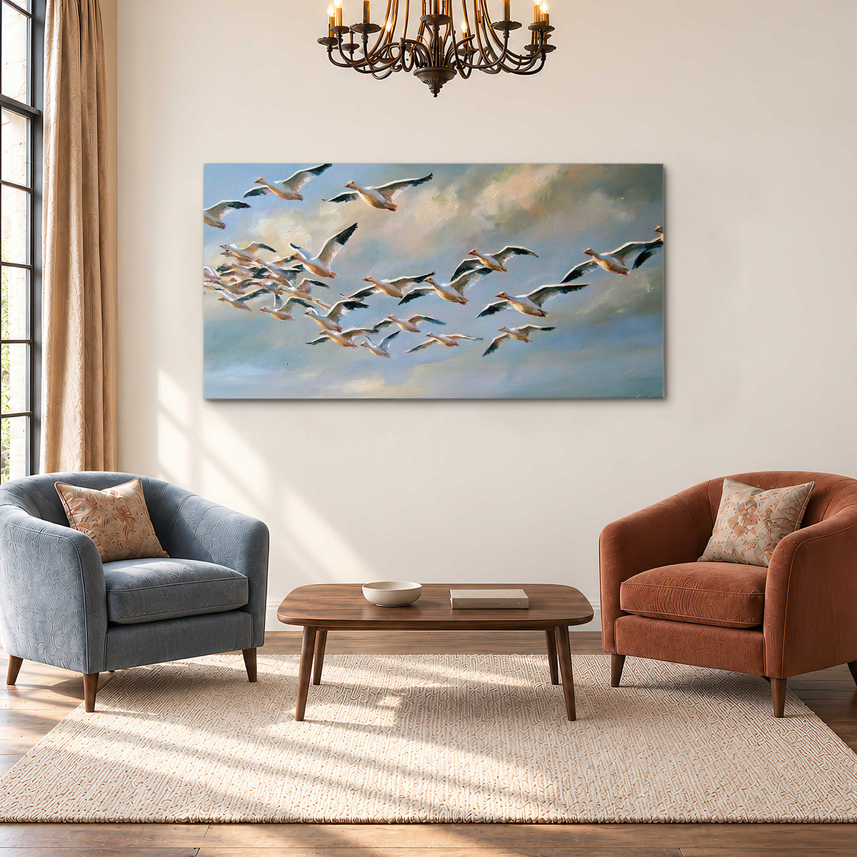 A flock of pale seabirds gliding beneath soft clouds across a blue sky single canvas wall art styled in an interior