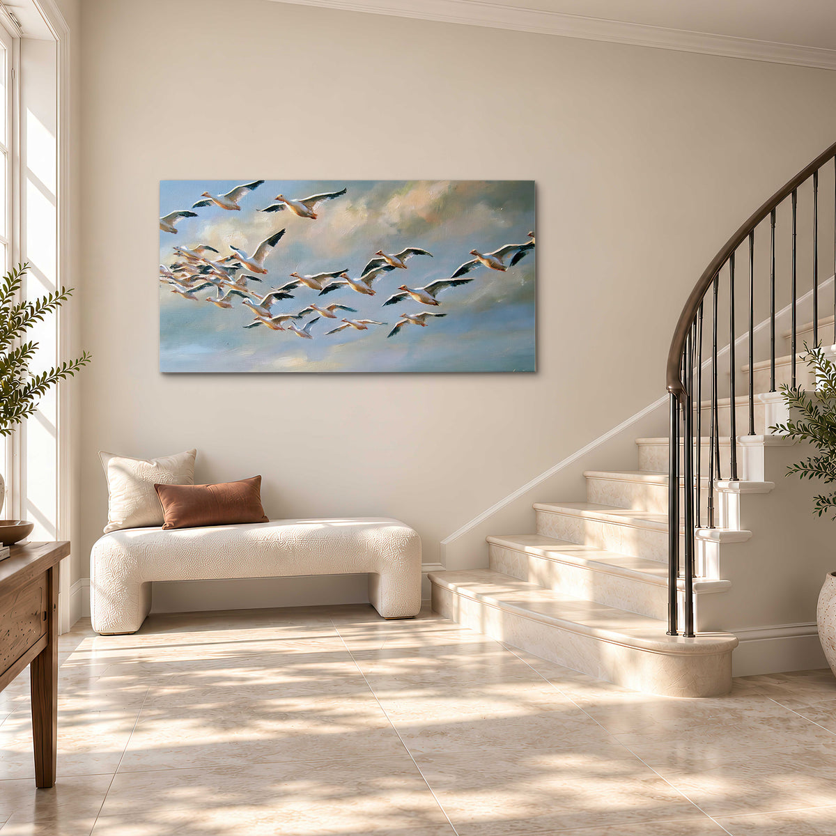 A flock of pale seabirds gliding beneath soft clouds across a blue sky single canvas wall art styled in an interior