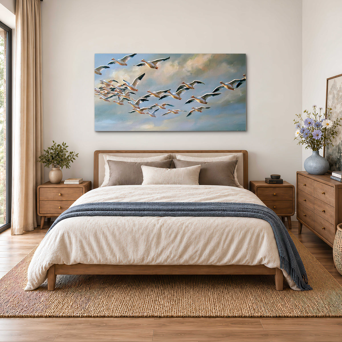 A flock of pale seabirds gliding beneath soft clouds across a blue sky single canvas wall art styled in an interior