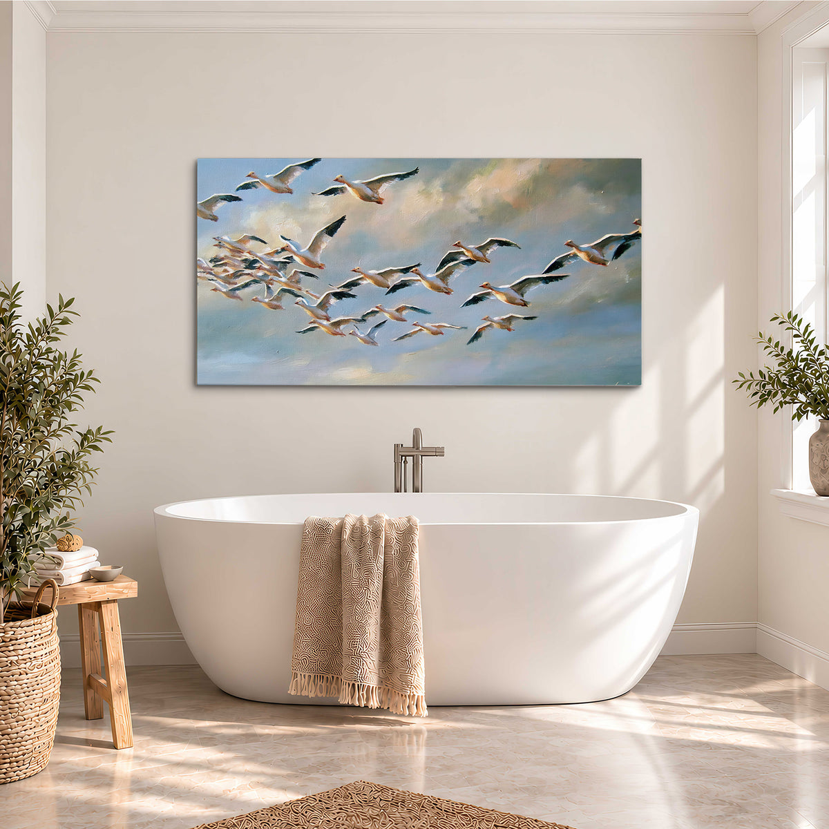 A flock of pale seabirds gliding beneath soft clouds across a blue sky single canvas wall art styled in an interior