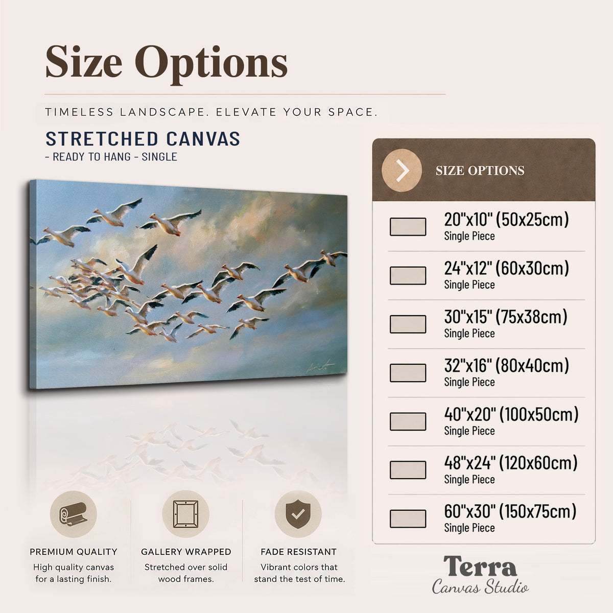 A flock of pale seabirds gliding beneath soft clouds across a blue sky single canvas wall art available dimensions