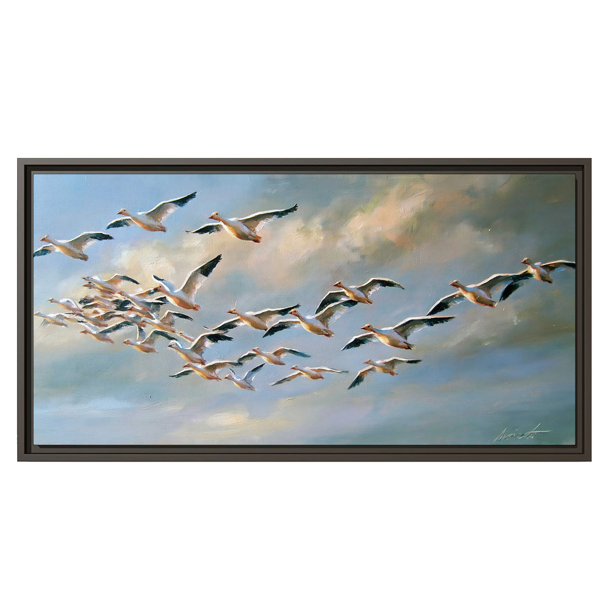 A flock of pale seabirds gliding beneath soft clouds across a blue sky single framed canvas wall art viewed straight on