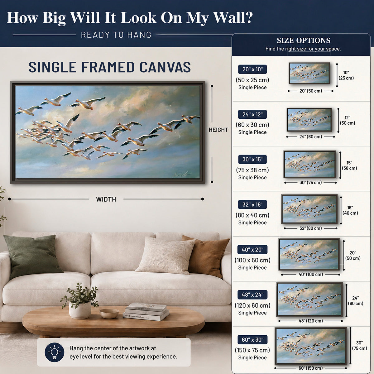 A flock of pale seabirds gliding beneath soft clouds across a blue sky single framed canvas wall art size guide above a sofa; room view is illustrative