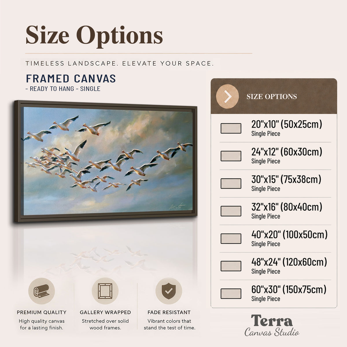 A flock of pale seabirds gliding beneath soft clouds across a blue sky single framed canvas wall art available dimensions