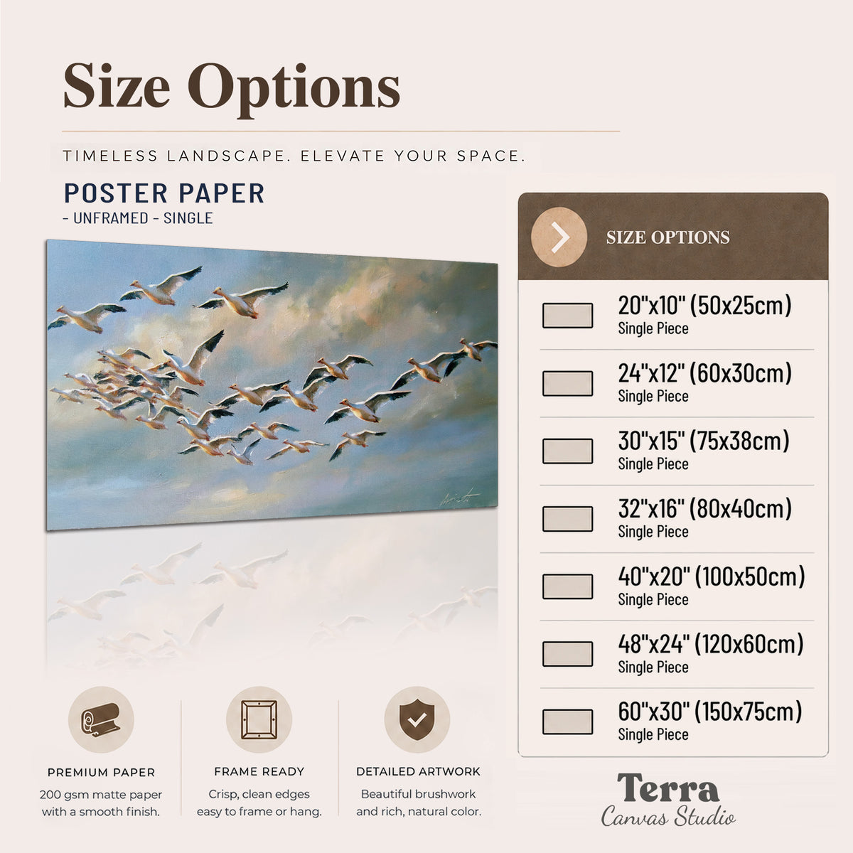A flock of pale seabirds gliding beneath soft clouds across a blue sky single poster print available dimensions