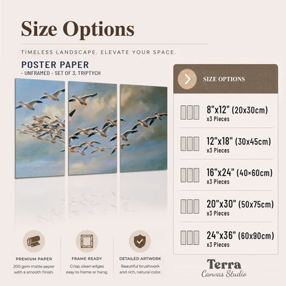 A flock of pale seabirds gliding beneath soft clouds across a blue sky set of 3 poster prints available dimensions; triptych dimensions are per panel