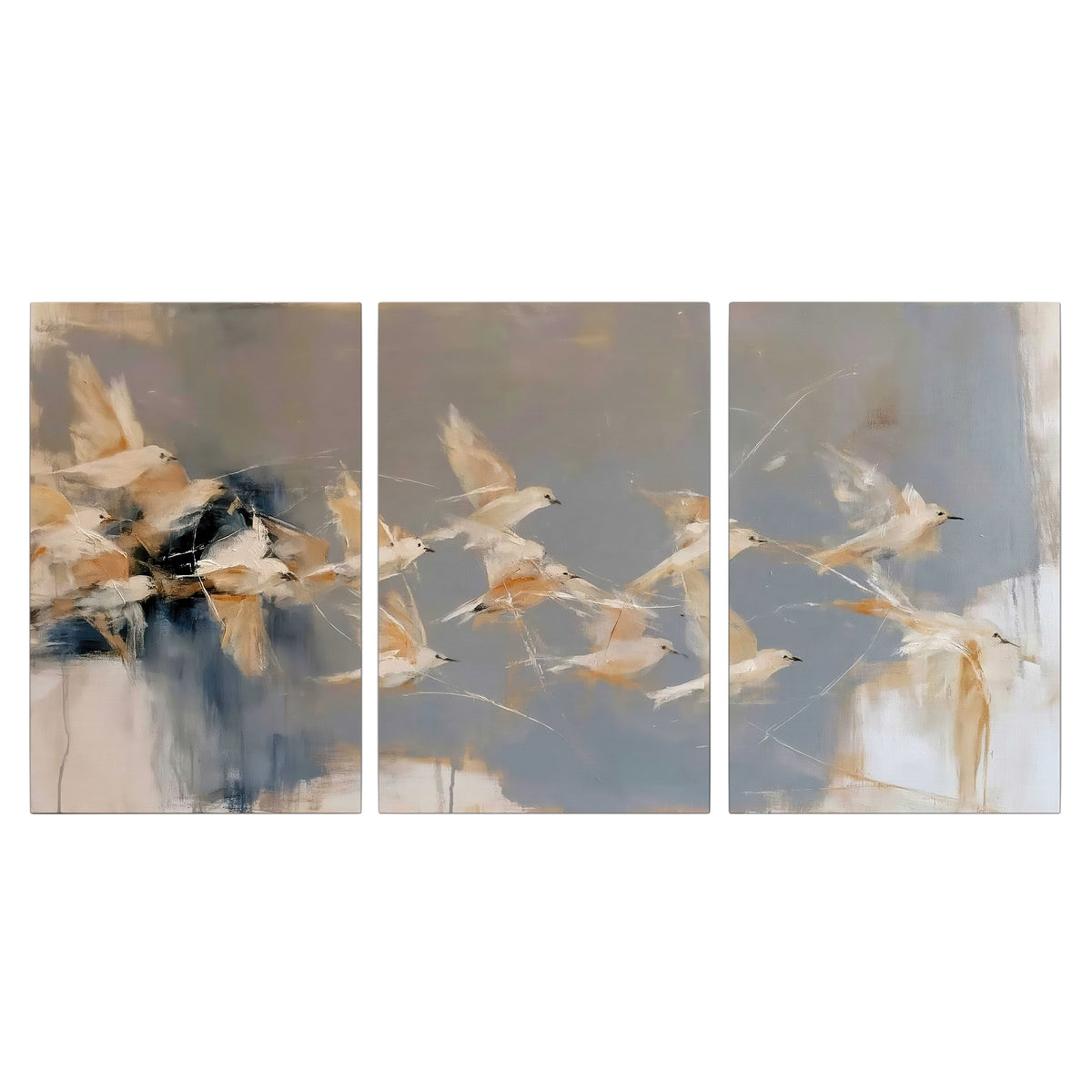 Pale bird-like forms sweeping across layered strokes of blue, ochre and cream 3 piece canvas wall art viewed straight on