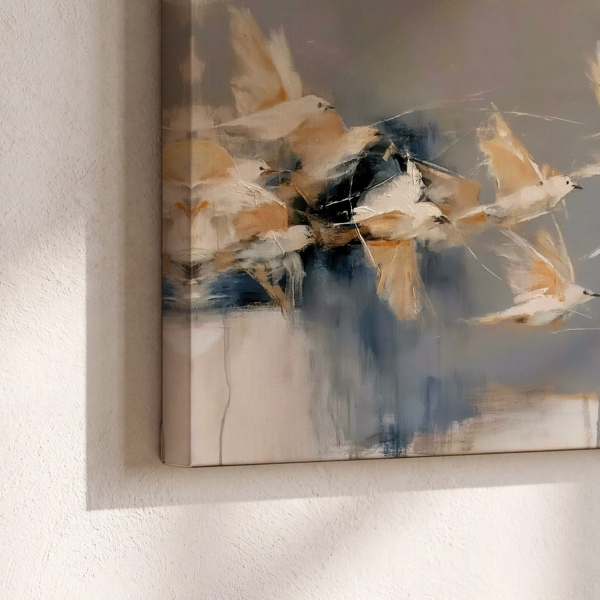 Pale bird-like forms sweeping across layered strokes of blue, ochre and cream 3 piece canvas wall art material and edge close up