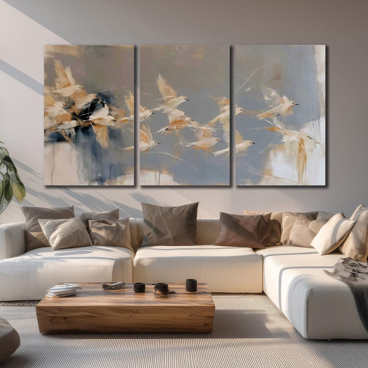 Pale bird-like forms sweeping across layered strokes of blue, ochre and cream 3 piece canvas wall art displayed in a living room