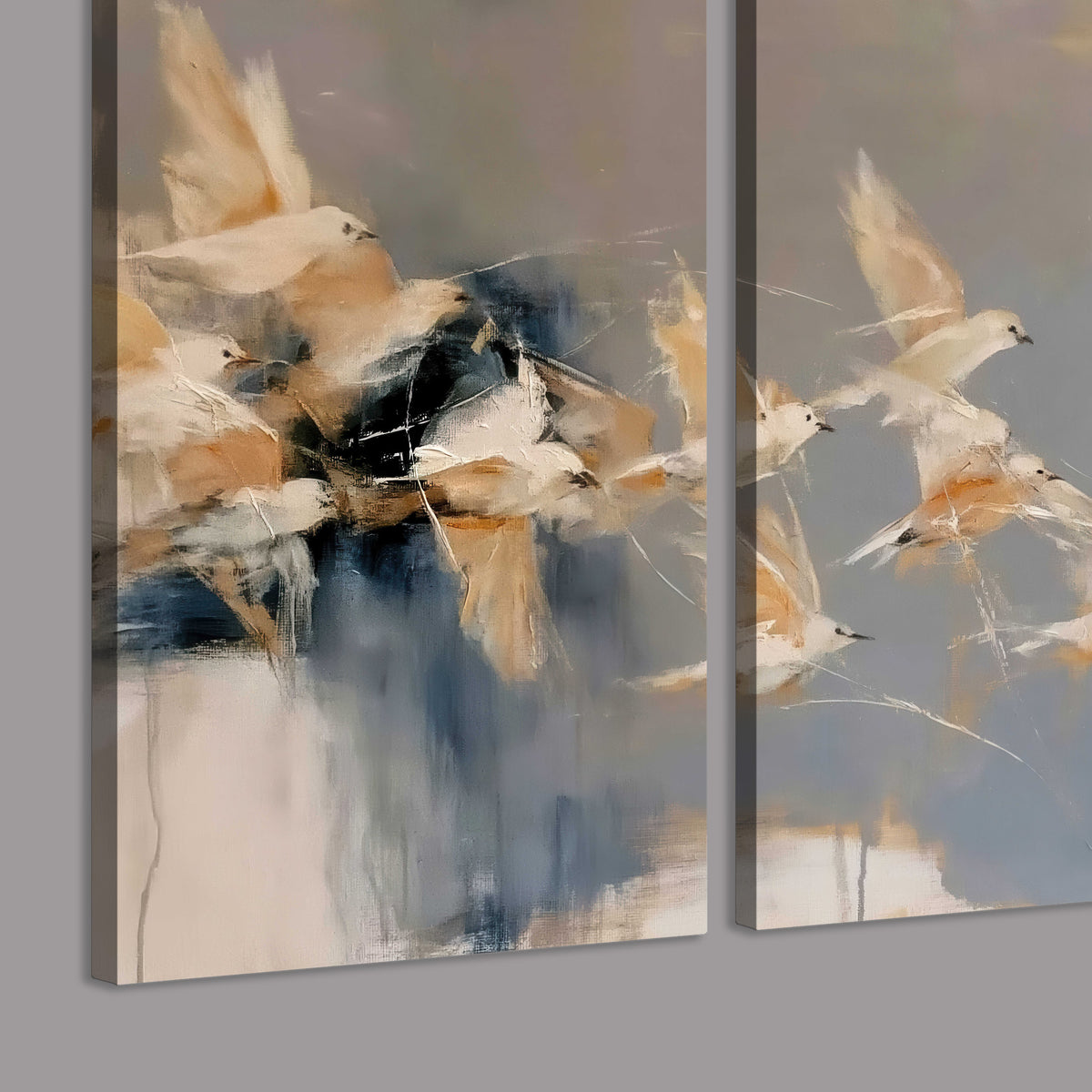 Pale bird-like forms sweeping across layered strokes of blue, ochre and cream 3 piece canvas wall art room and product view