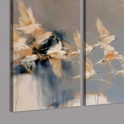 Pale bird-like forms sweeping across layered strokes of blue, ochre and cream 3 piece canvas wall art room and product view