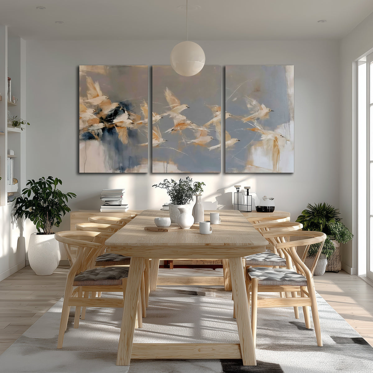 Pale bird-like forms sweeping across layered strokes of blue, ochre and cream 3 piece canvas wall art room and product view