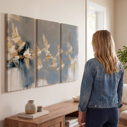 Pale bird-like forms sweeping across layered strokes of blue, ochre and cream 3 piece canvas wall art three panel arrangement on a wall