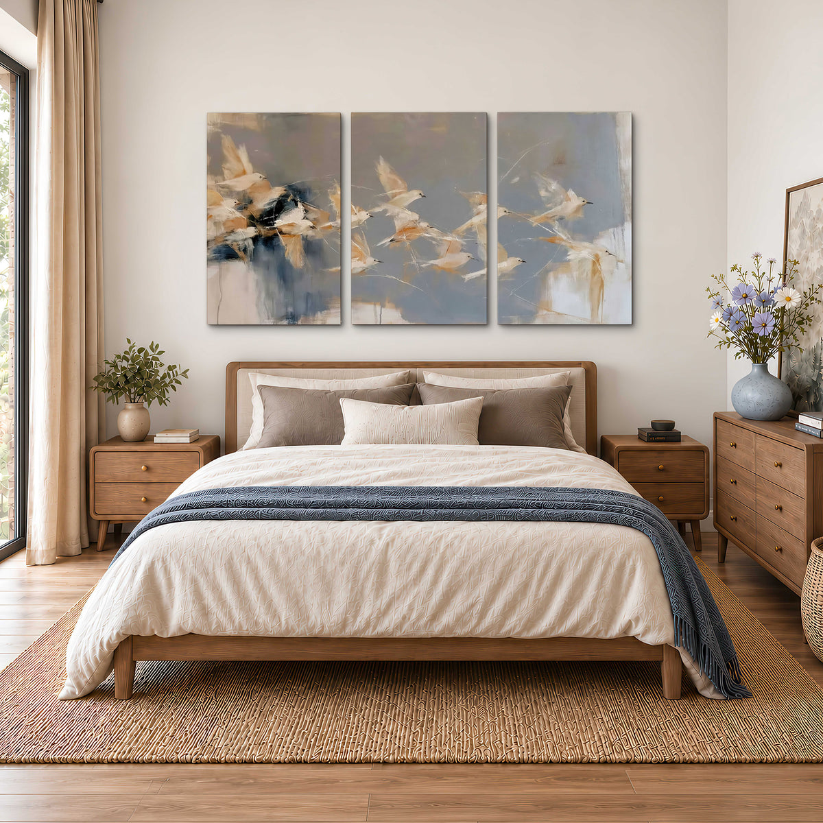 Pale bird-like forms sweeping across layered strokes of blue, ochre and cream 3 piece canvas wall art styled in an interior