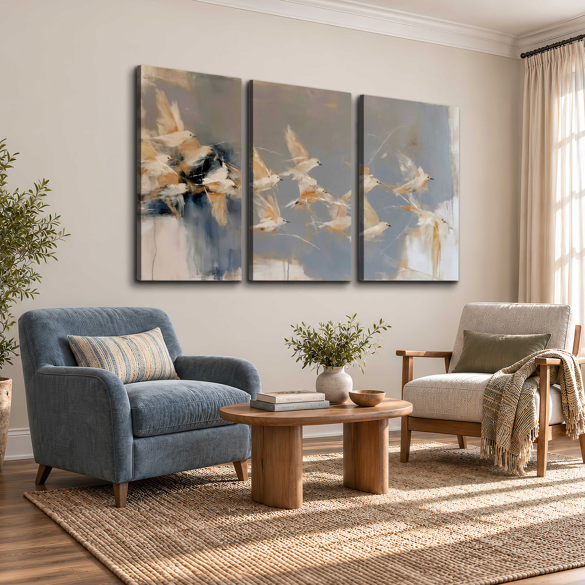 Pale bird-like forms sweeping across layered strokes of blue, ochre and cream 3 piece canvas wall art styled in an interior