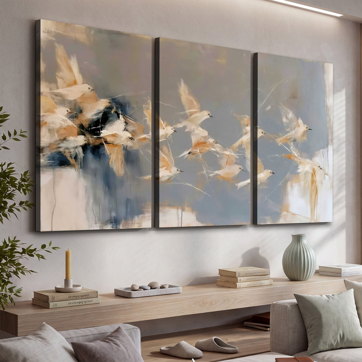 Pale bird-like forms sweeping across layered strokes of blue, ochre and cream 3 piece canvas wall art displayed in a console