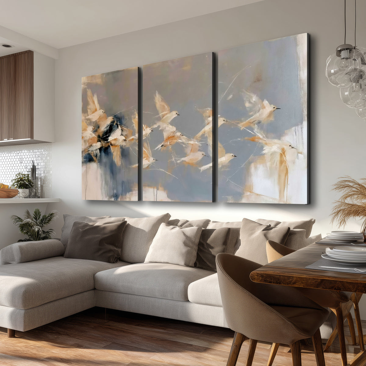 Pale bird-like forms sweeping across layered strokes of blue, ochre and cream 3 piece canvas wall art room and product view