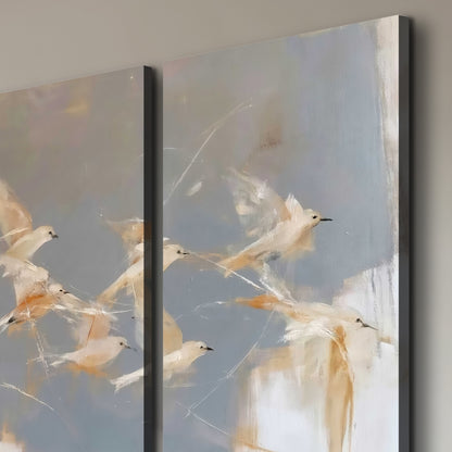 Pale bird-like forms sweeping across layered strokes of blue, ochre and cream 3 piece canvas wall art room and product view