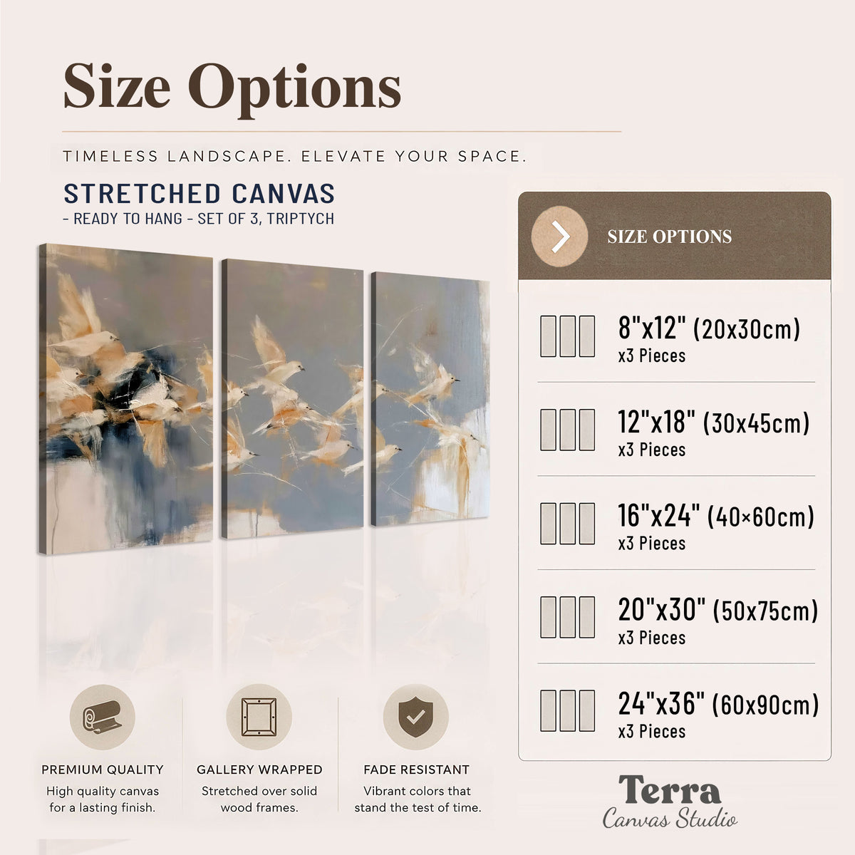 Pale bird-like forms sweeping across layered strokes of blue, ochre and cream 3 piece canvas wall art available dimensions; triptych dimensions are per panel
