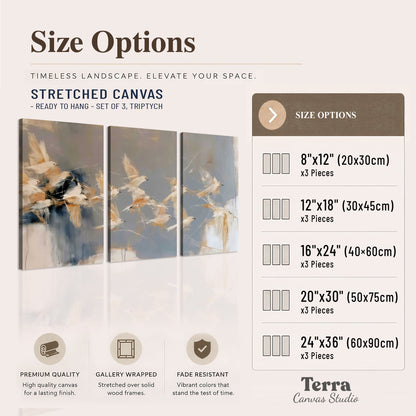 Pale bird-like forms sweeping across layered strokes of blue, ochre and cream 3 piece canvas wall art available dimensions; triptych dimensions are per panel