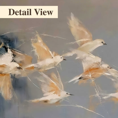 Pale bird-like forms sweeping across layered strokes of blue, ochre and cream 3 piece canvas wall art artwork detail close up