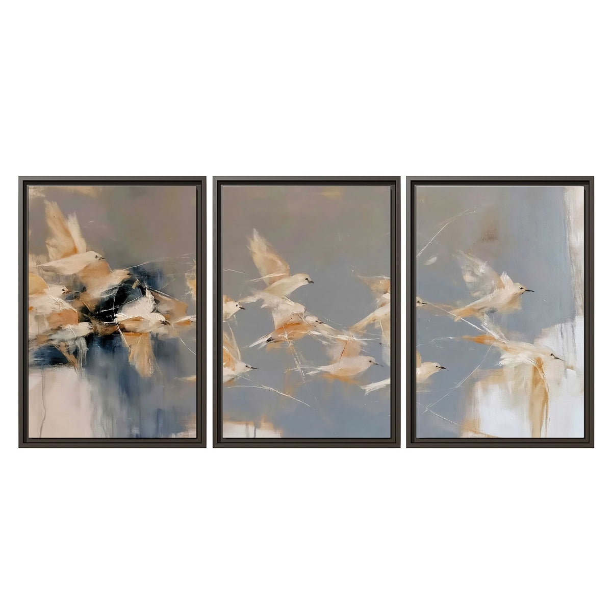 Pale bird-like forms sweeping across layered strokes of blue, ochre and cream 3 piece framed canvas wall art viewed straight on