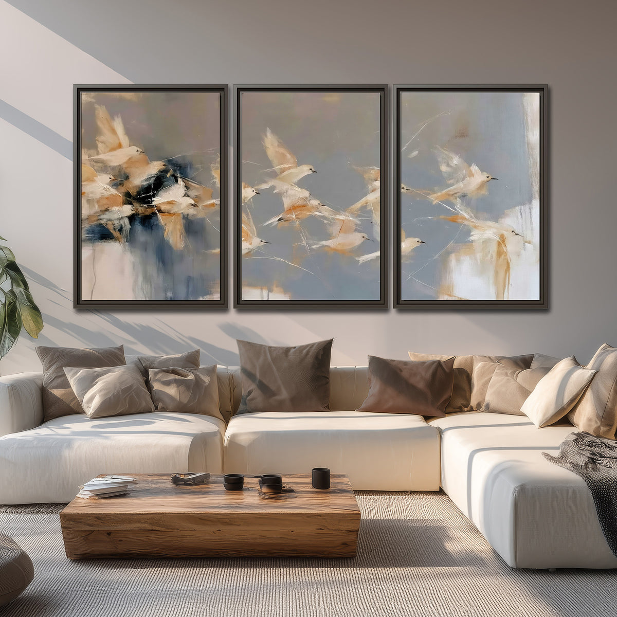 Pale bird-like forms sweeping across layered strokes of blue, ochre and cream 3 piece framed canvas wall art displayed in a living room