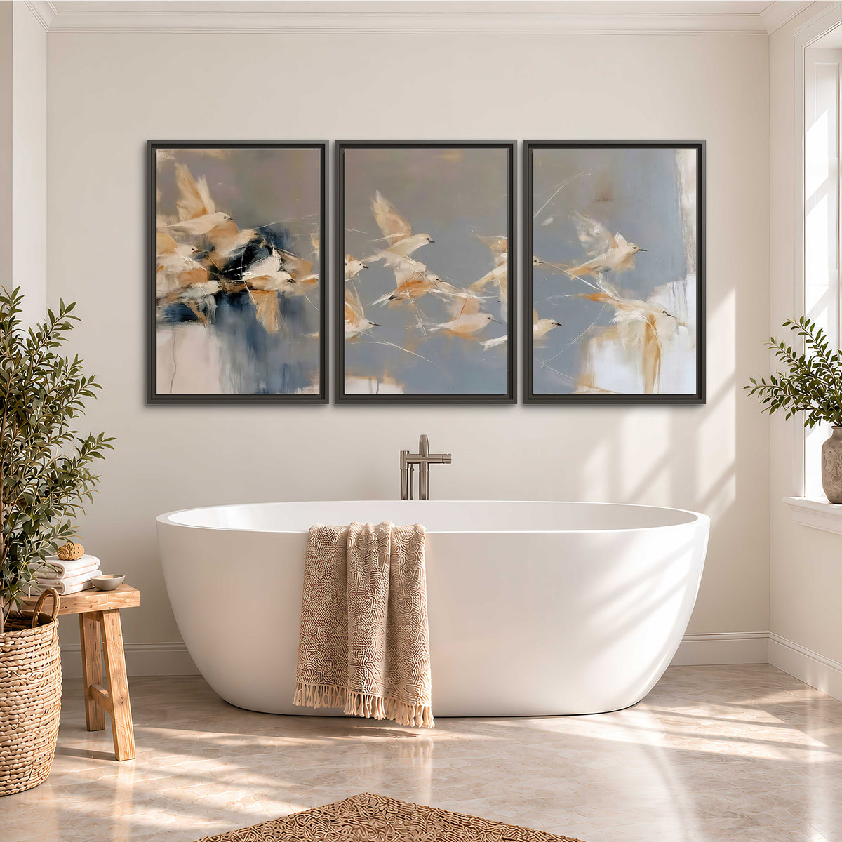 Pale bird-like forms sweeping across layered strokes of blue, ochre and cream 3 piece framed canvas wall art styled in an interior