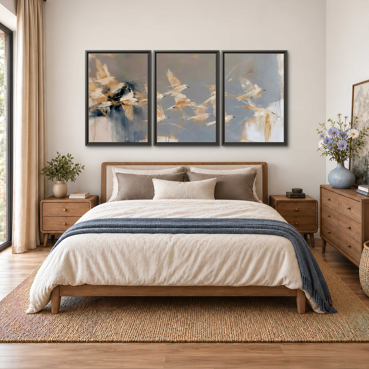 Pale bird-like forms sweeping across layered strokes of blue, ochre and cream 3 piece framed canvas wall art styled in an interior