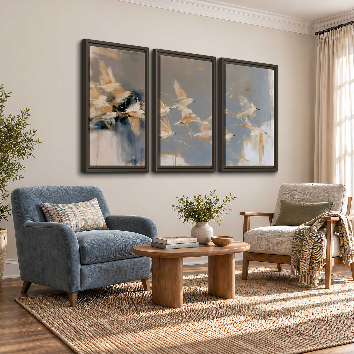 Pale bird-like forms sweeping across layered strokes of blue, ochre and cream 3 piece framed canvas wall art styled in an interior