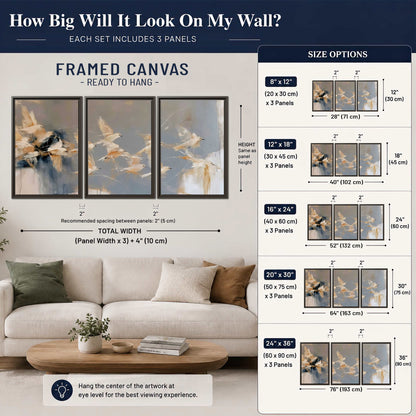 Pale bird-like forms sweeping across layered strokes of blue, ochre and cream 3 piece framed canvas wall art size guide above a sofa; room view is illustrative