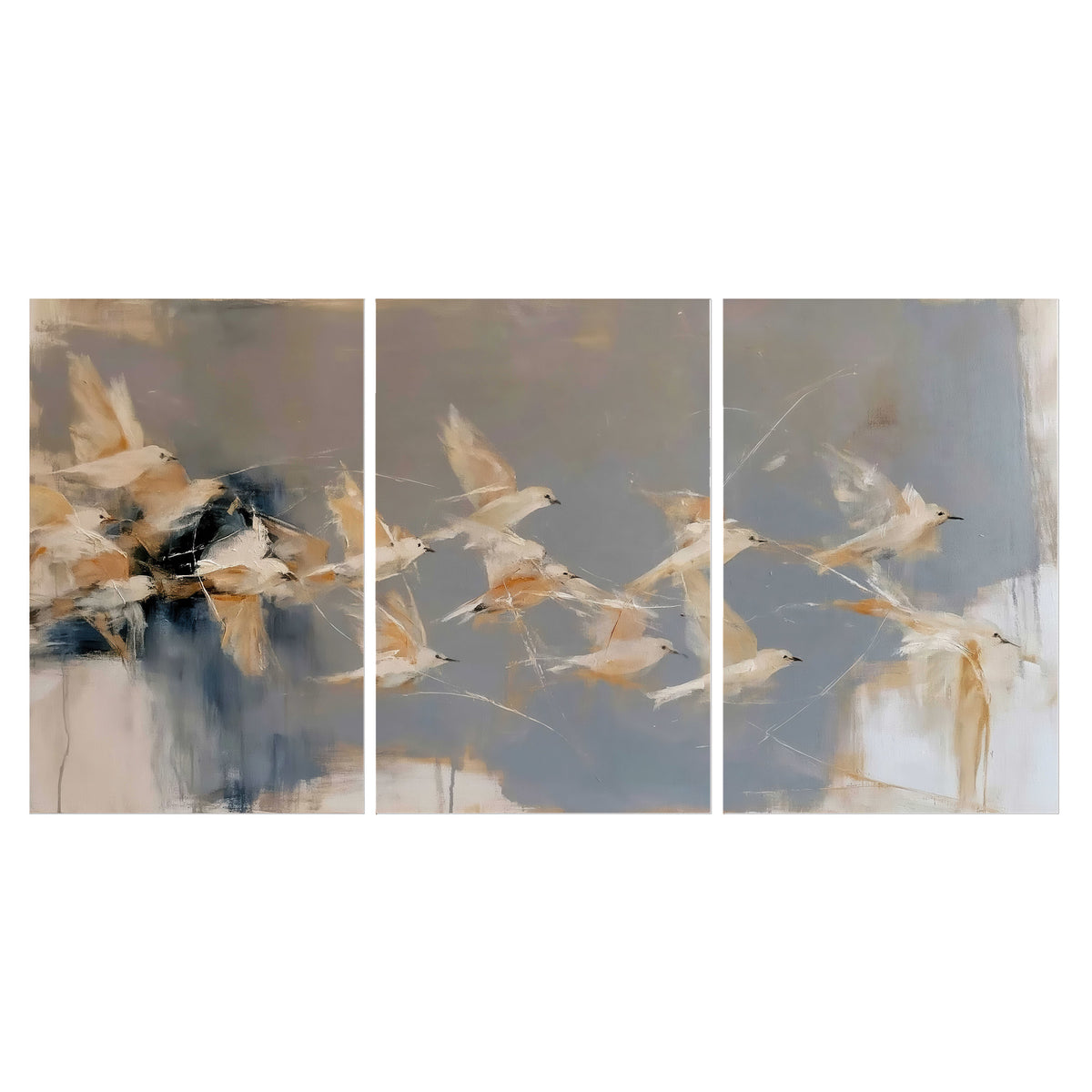 Pale bird-like forms sweeping across layered strokes of blue, ochre and cream set of 3 poster prints viewed straight on
