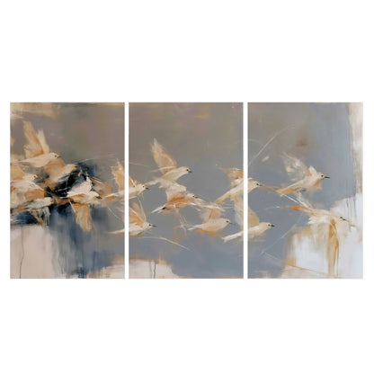 Pale bird-like forms sweeping across layered strokes of blue, ochre and cream set of 3 poster prints viewed straight on