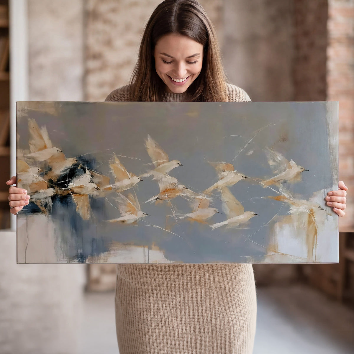 Pale bird-like forms sweeping across layered strokes of blue, ochre and cream single canvas wall art held in hands