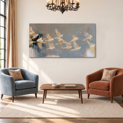Pale bird-like forms sweeping across layered strokes of blue, ochre and cream single canvas wall art styled in an interior