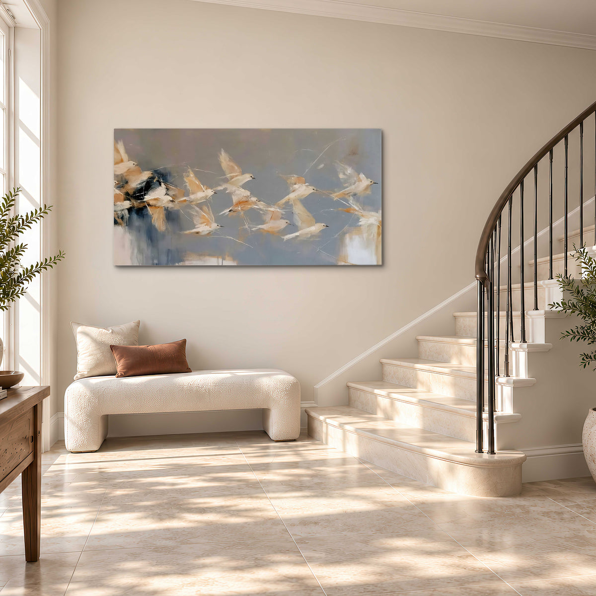Pale bird-like forms sweeping across layered strokes of blue, ochre and cream single canvas wall art styled in an interior