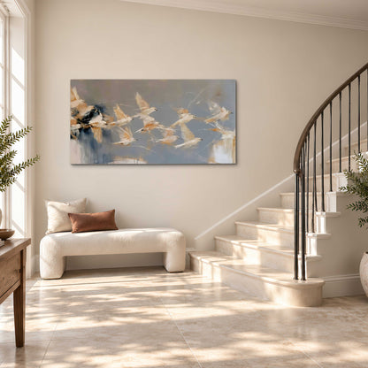 Pale bird-like forms sweeping across layered strokes of blue, ochre and cream single canvas wall art styled in an interior
