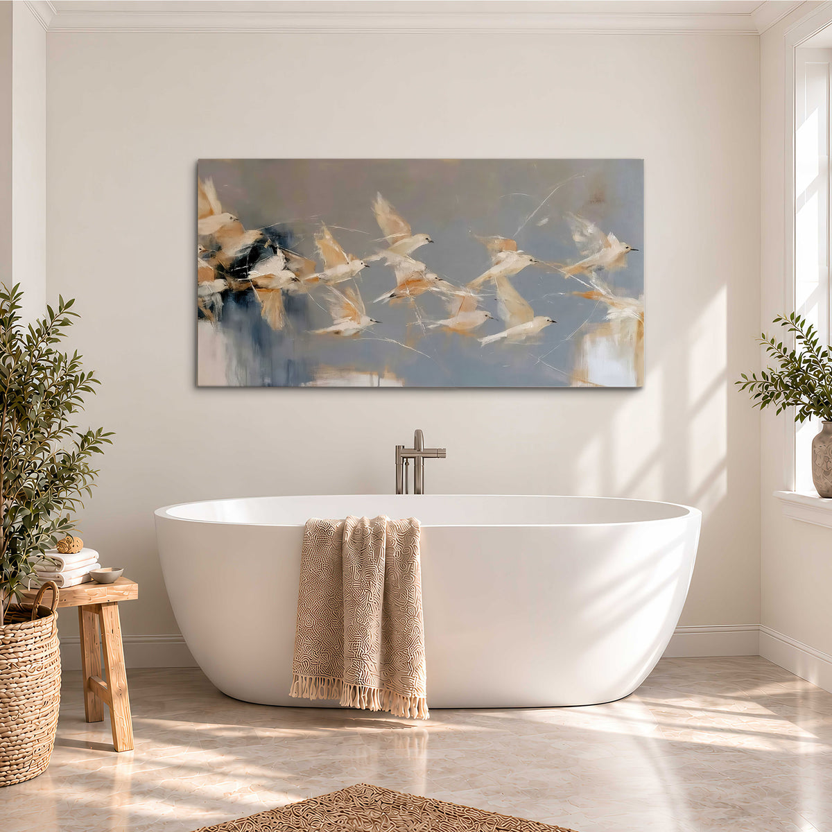 Pale bird-like forms sweeping across layered strokes of blue, ochre and cream single canvas wall art styled in an interior