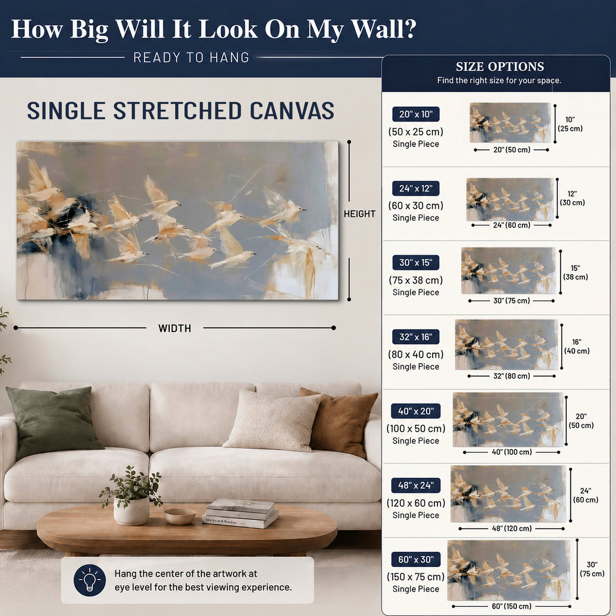 Pale bird-like forms sweeping across layered strokes of blue, ochre and cream single canvas wall art size guide above a sofa; room view is illustrative