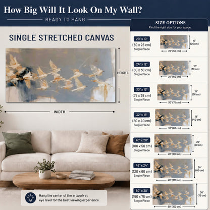 Pale bird-like forms sweeping across layered strokes of blue, ochre and cream single canvas wall art size guide above a sofa; room view is illustrative
