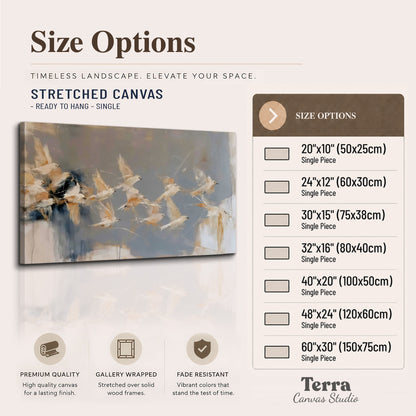 Pale bird-like forms sweeping across layered strokes of blue, ochre and cream single canvas wall art available dimensions