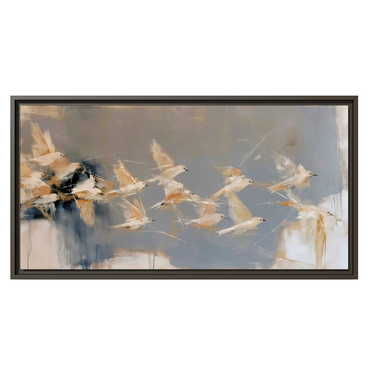 Pale bird-like forms sweeping across layered strokes of blue, ochre and cream single framed canvas wall art viewed straight on