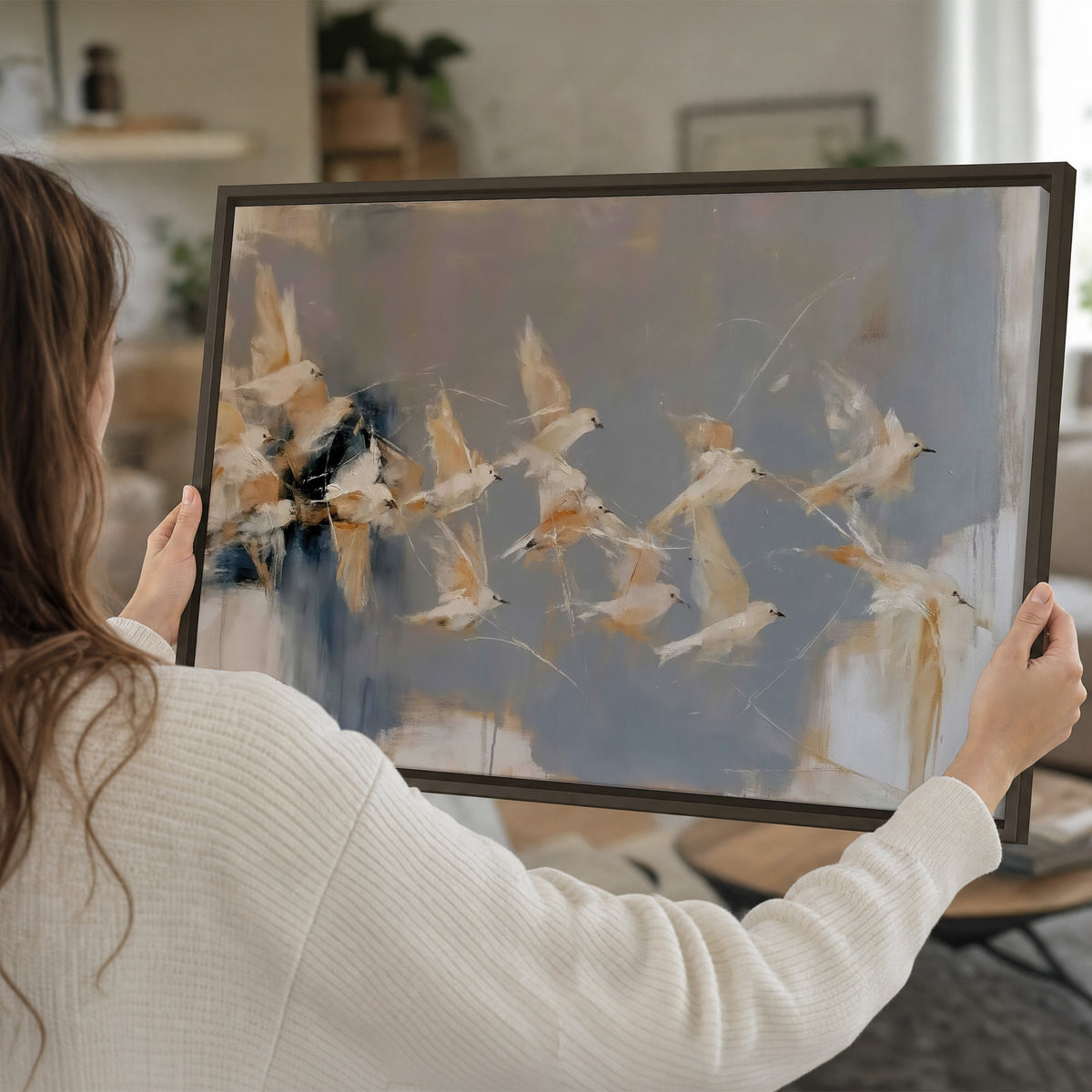 Pale bird-like forms sweeping across layered strokes of blue, ochre and cream single framed canvas wall art held in hands