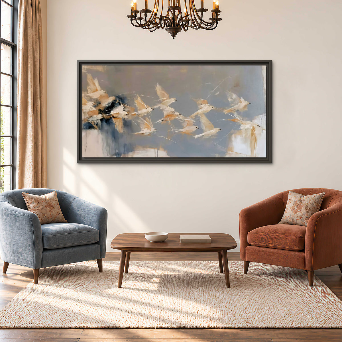 Pale bird-like forms sweeping across layered strokes of blue, ochre and cream single framed canvas wall art styled in an interior