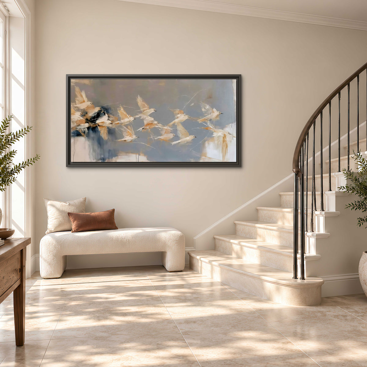 Pale bird-like forms sweeping across layered strokes of blue, ochre and cream single framed canvas wall art styled in an interior