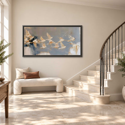 Pale bird-like forms sweeping across layered strokes of blue, ochre and cream single framed canvas wall art styled in an interior