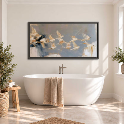Pale bird-like forms sweeping across layered strokes of blue, ochre and cream single framed canvas wall art styled in an interior