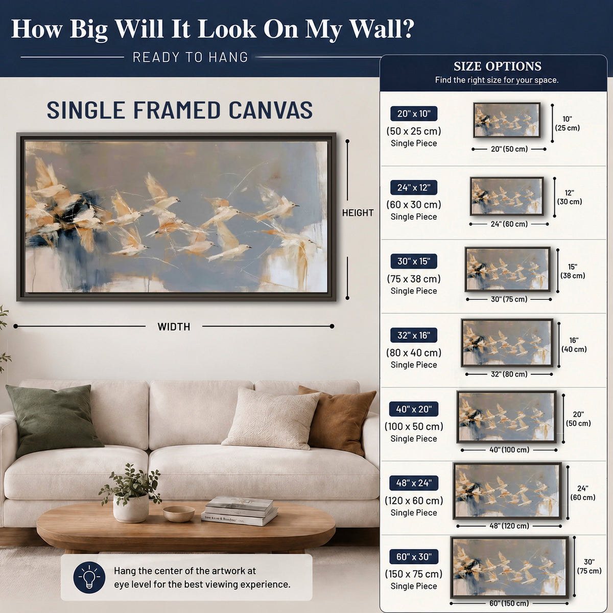 Pale bird-like forms sweeping across layered strokes of blue, ochre and cream single framed canvas wall art size guide above a sofa; room view is illustrative