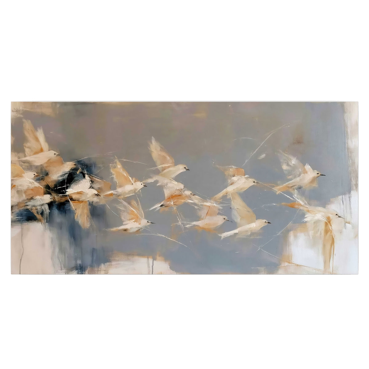 Pale bird-like forms sweeping across layered strokes of blue, ochre and cream single poster print viewed straight on